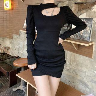 Choker-neck Asymmetrical Long-sleeve Sheath Dress