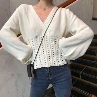 V-neck Lantern-sleeve Eyelet Sweater White - One Size