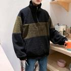 Color Block Letter Embroidered Faux Shearling Pullover
