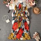 Floral Accordion Pleated Midi A-line Dress Red & Yellow & White - One Size