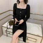Long-sleeve Square Neck Buttoned Dress