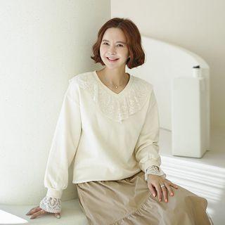 V-neck Lace-trim Sweatshirt