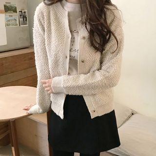 Round-neck Boucl -knit Cardigan Light Beige - One Size