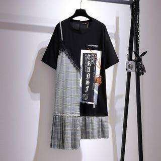Plaid Panel Mini T-shirt Dress