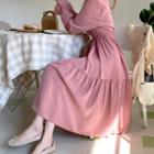 Tie-neck Band-waist Tiered Dress Pink - One Size