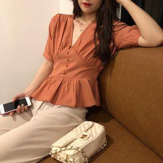 V-neck Short-sleeve Slim-fit Blouse