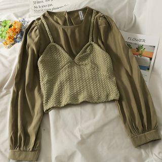 Puff-sleeve Mock Two-piece Crop Top