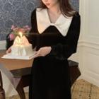Long-sleeve Two-tone A-line Dress Black - One Size