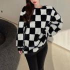 Round Neck Checkerboard Sweater Black & White - One Size
