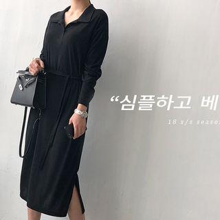 Long-sleeve Polo Midi Dress With Sash