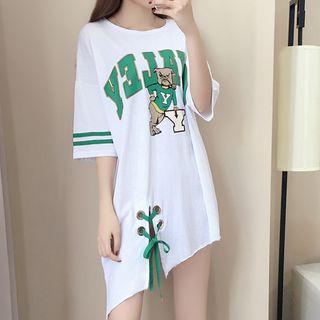 Printed Striped Lace Up Side Elbow Sleeve T-shirt Dress