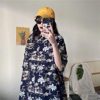 Elbow-sleeve Tropical Print Shirt Dark Blue - One Size