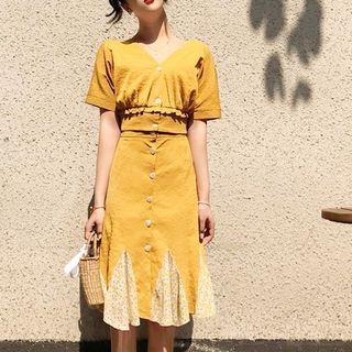 Set: Plain Short Sleeve Top + Color Panel A-line Skirt