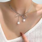 Bow Faux Pearl Pendant Alloy Choker Type A - Silver - One Size
