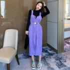 Long-sleeve Mock-neck T-shirt / Corduroy Midi Pinafore Dress