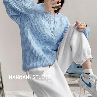 Drop-shoulder Cable-knit Sweater Blue - One Size
