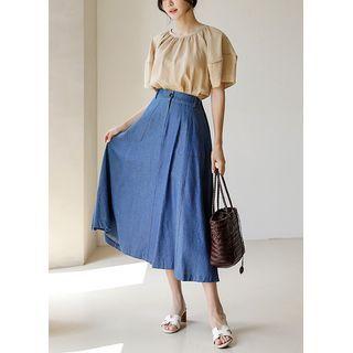 Stitched Long Denim Flare Skirt