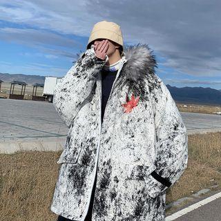 Furry Trim Hooded Maple Leaf Print Jacket
