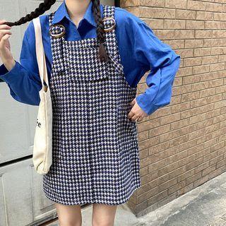 Long-sleeve Plain Shirt / Houndstooth Mini A-line Overall Dress