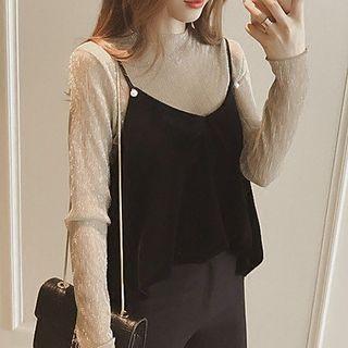 Set : Velvet Long-sleeve Top + Spaghetti Strap Top