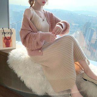 Set: Cropped Cardigan + Midi Ribbed Knit Tank Dress
