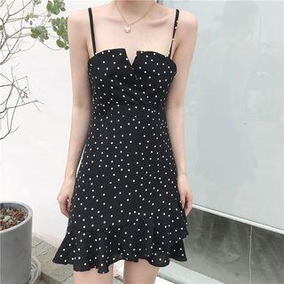 Set: Crew-neck Short-sleeve T-shirt + Dotted Spaghetti Strap Dress