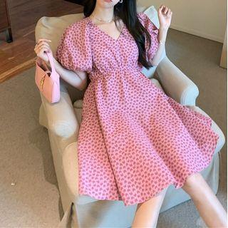 Puff-sleeve V-neck Print A-line Dress Pink - One Size