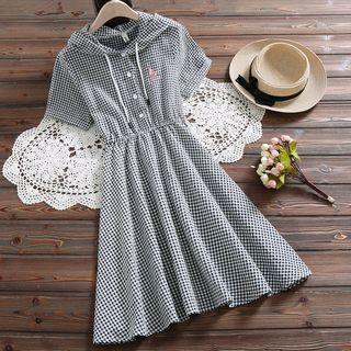 Short-sleeve Embroidered Hooded Gingham A-line Dress
