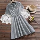 Short-sleeve Embroidered Hooded Gingham A-line Dress