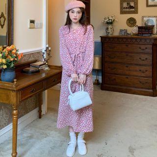 Long-sleeve Flower Print Midi Dress Red Floral - Pink - One Size