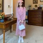 Long-sleeve Flower Print Midi Dress Red Floral - Pink - One Size