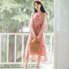 Floral Embroidered 3/4 Sleeve V-neck Frog Button Mesh Dress