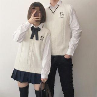 Couple Matching Knit Vest / Shirt / Dress Pants / Pleated Skirt / Tie / Bow / Set