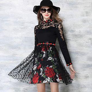 Lace Panel Floral Print A-line Dress
