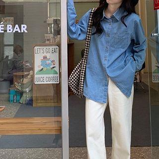 Long Sleeve Pocket Front Denim Shirt Light Blue - One Size