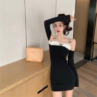 Long-sleeve Off-shoulder Lace Trim Dress Black - One Size