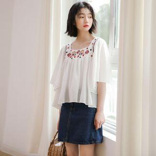 3/4-sleeve Embroidered Chiffon Tunic White - One Size