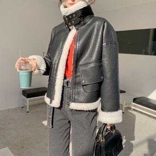 Belted Sherpa-fleece Pleather Jacket