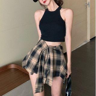 Plain Crop Tank Top / Plaid Skort