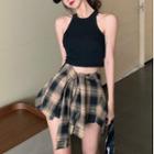 Plain Crop Tank Top / Plaid Skort