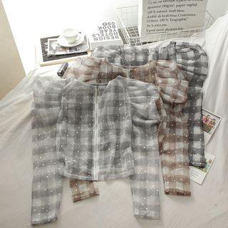 Puff-sleeve Plaid Mesh Top