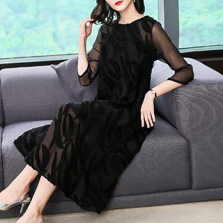 Long-sleeve Midi Mesh A-line Dress