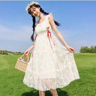 Flutter Strap Midi A-line Mesh Dress Almond - M