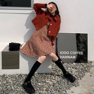 Collared Single-breasted Cropped Jacket / Gingham Mini A-line Pinafore Dress