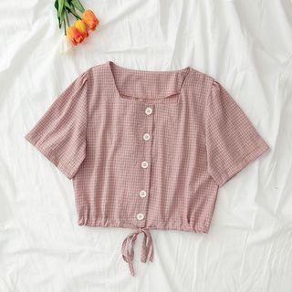 Checked Drawstring Short-sleeve Crop Top