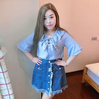 Ruffle Trim Lace-up Bell-sleeve Blouse