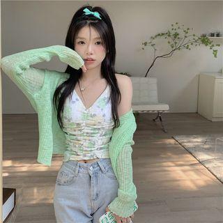 Plain Cardigan / Floral Cropped Tube Top