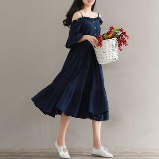 Frill Trim Off-shoulder Spaghetti Strap Dress