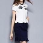 Set: Embroidered Short Sleeve T-shirt + Ruffle Hem Pencil Skirt