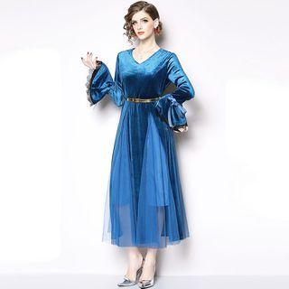 Long-sleeve Pleated Panel A-line Midi Dress